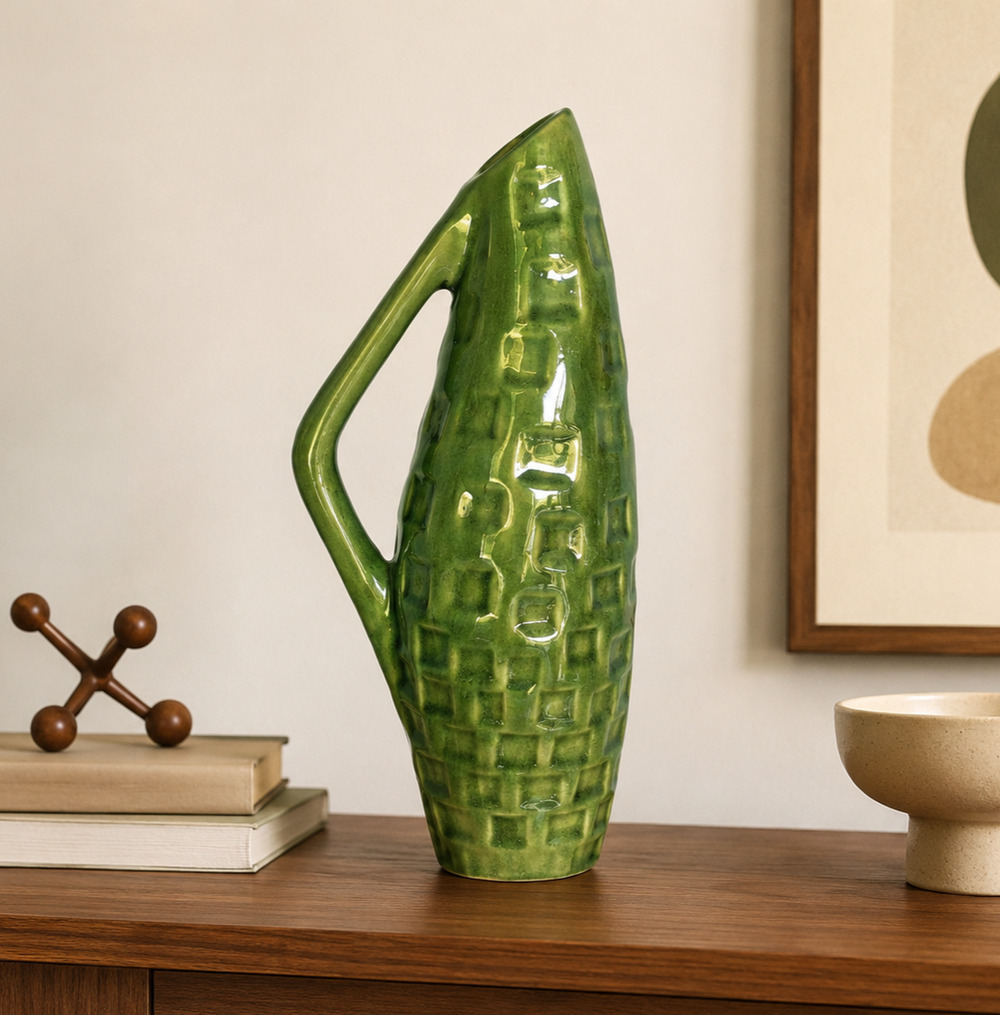 Vintage Green Basket Weave Pottery Pitcher Vase MCM Art Pottery Avocado Ewer